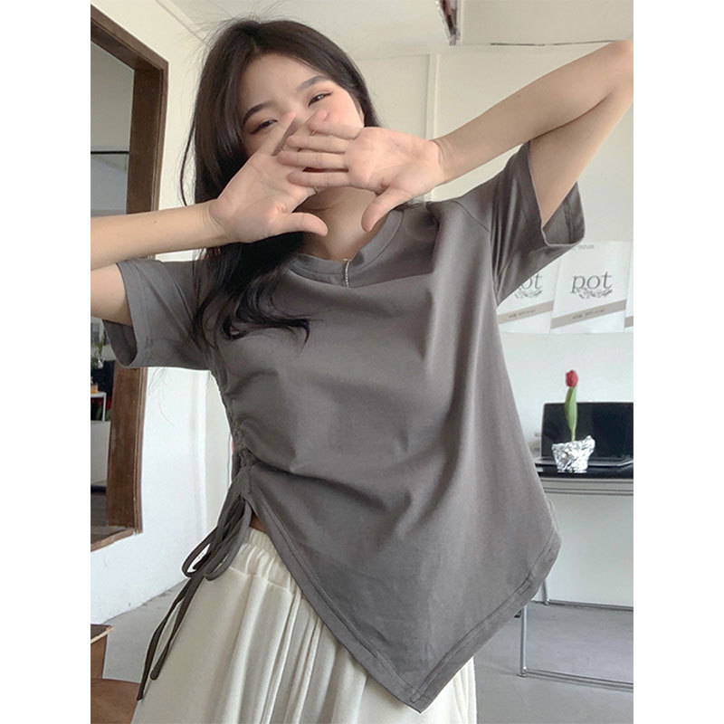 晨领【大码爆款】大码女装不规则灰色短袖T恤夏季宽松开叉别致上