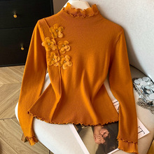 森系立体镶钻小花朵显白桔色内搭针织衫一件代发百褶木耳边领毛衣