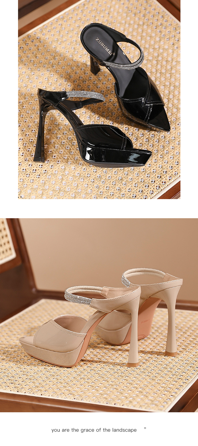Sandal cao gót nữ mũi nhọn hở mũi đế platform gót 12 cm đính đá pha lê — Màu da-12cm chi tiết 7