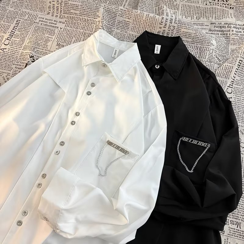 Erkek Zincir Detaylı Uzun Kollu Sokak Giyimi Gömlek Büyük Boy Düğmeli, Çıkarılabilir Aksesuarlı Gömlek (Siyah/Beyaz, M-3XL)_voghion.com