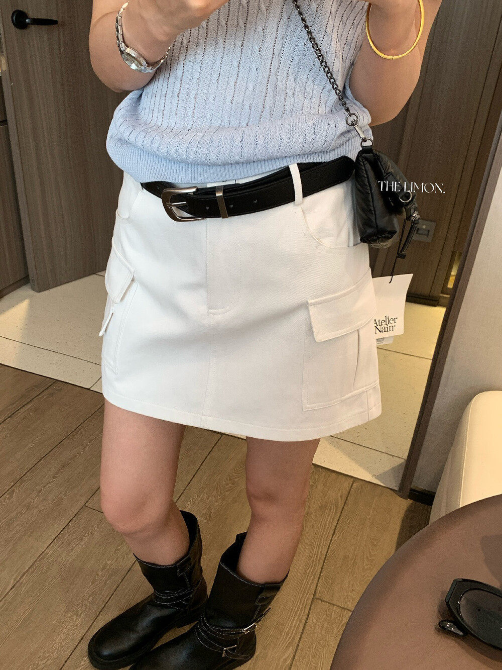 Chân váy jean nữ cạp cao dáng chữ A phong cách công sở túi hộp — màu trắng, màu xám, màu kaki chi tiết 27