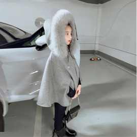 女童高级感呢子斗篷大衣2025秋冬款宝宝洋气大毛领连帽毛呢外套棉