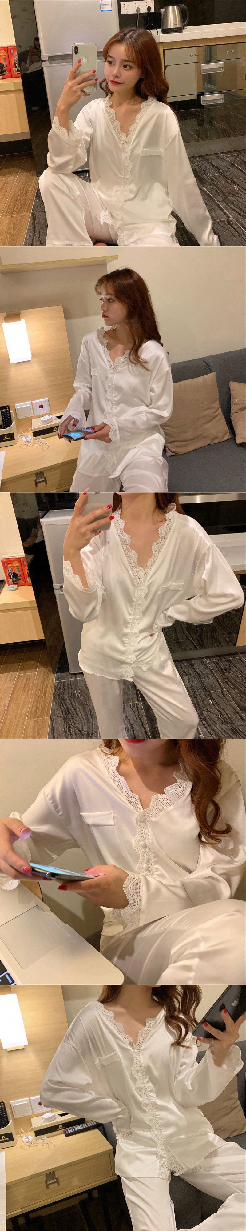 Solid Color Pajamas Womens Thin Lace TwoPiece Set LongSleevepicture2