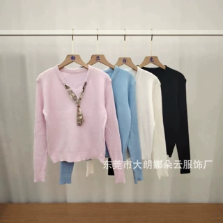 2026秋季薄款套头针织衫女V领飘带打底衫短款轻熟风显瘦毛衣批发