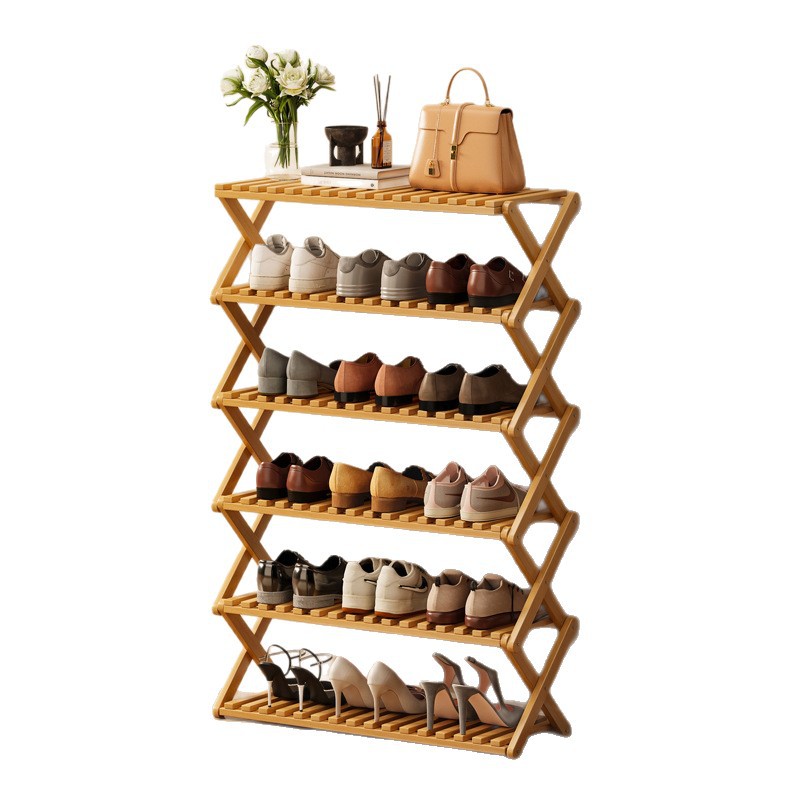 Estante de zapatos plegable de bambú almacenado en el dormitorio de la casa de alquiler multicapa simple sin instalación en la puerta