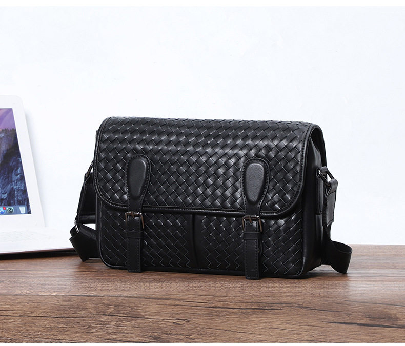 Túi đeo chéo nam da bò thật dệt bện, đeo vai, sức chứa lớn 29×11×17 cm — Màu đen da bò bện chi tiết 4