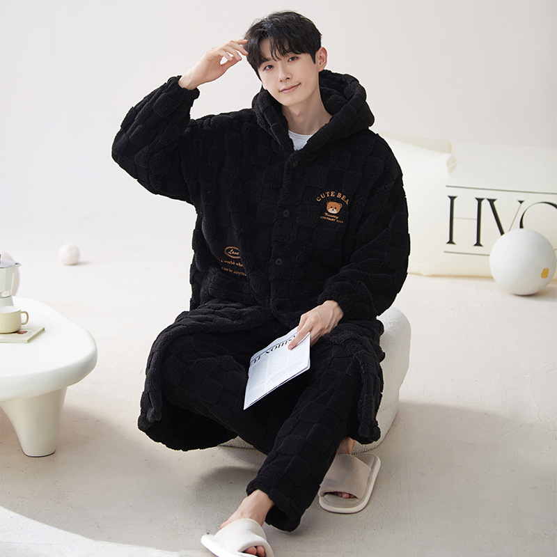 Camisón de invierno los hombres coral fleece cálido engrosada estilo coreano simple con capucha franela pijamas homewear traje
