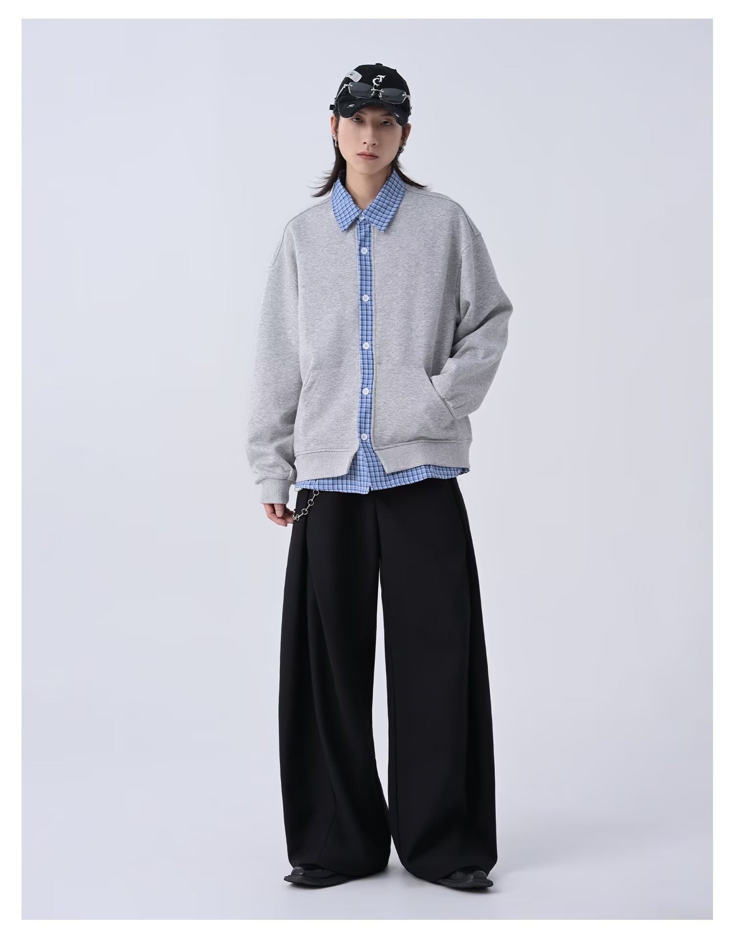 Men's Cardigan Sweatshirt Retro Checkered Patchwork Lazy Style_voghion.com