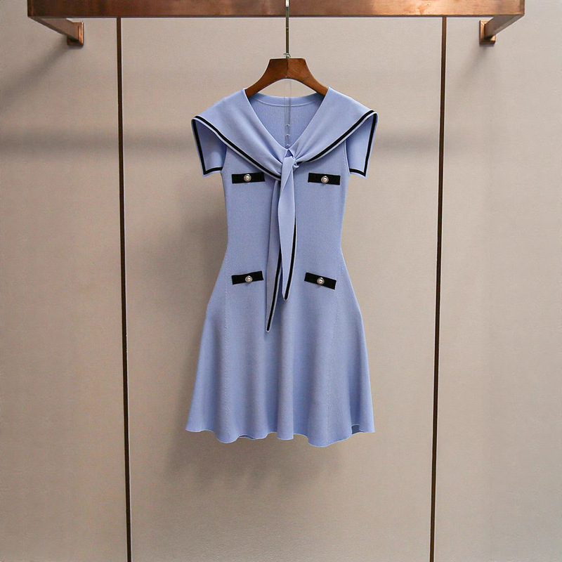 Shenzhen Nanyou Classy Women's Summer New Navy Style Age-Reducing Casual Waist Slimming Look Sleeveless Knitted Dress