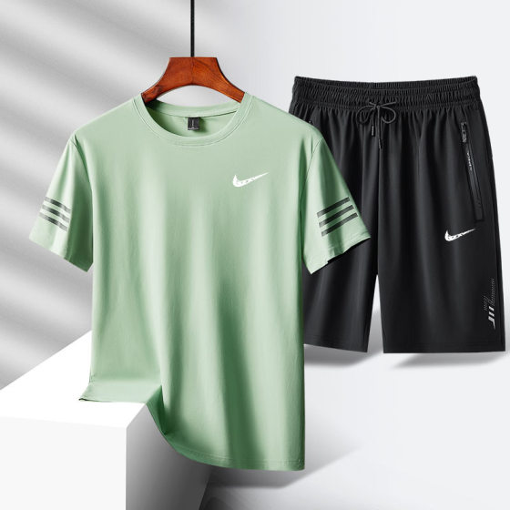 Casual sports suit men's summer running plus size fat fat summer ice silk short sleeve T-shirt shorts fashion