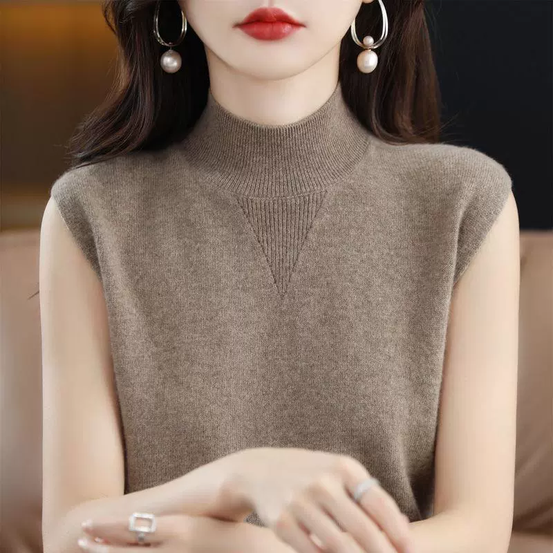 Половина воротник жилет камзол женский новый стиль без рукавов футболка сплошной цвет простой вязаный нижний свитер женский топ