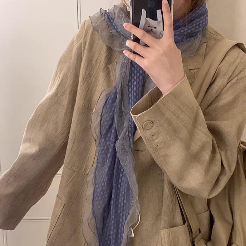 Fujii Shu Style Gray-Blue Polka Dot Lace-Trimmed Silk Scarf for Women, Long Frilled Scarf, Suitable for Western Chinese Outfits, Shawl Fujii Shu Style Gray-Blue Polka Dot Lace-Trimmed Silk Scarf for Women, Long Frilled Scarf, Suitable for Western Chinese Outfits, Shawl