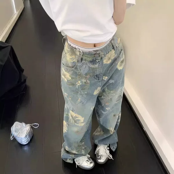 Plus-Size Vintage Floral Wide-Leg Jeans for Women, Spring High-Waisted Design, Niche Print, Loose Straight-Leg Floor-Length Pants