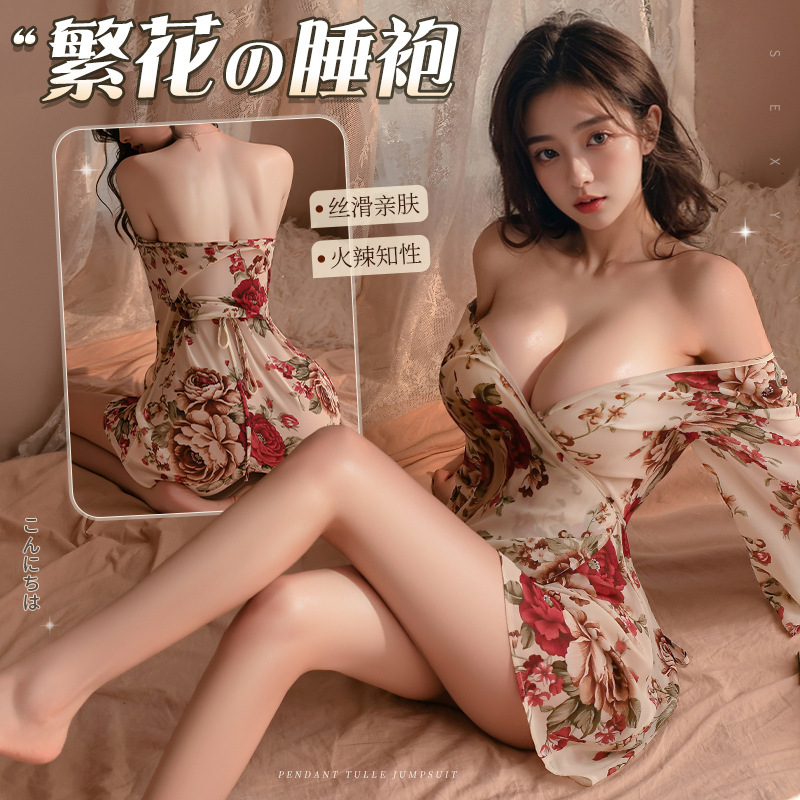 Manyan Sexy Lingerie Sexy Flower Deep V Nightgown Silky Kimono See-Through Nightgown Set 9264 Manyan Sexy Lingerie Sexy Flower Deep V Nightgown Silky Kimono See-Through Nightgown Set 9264