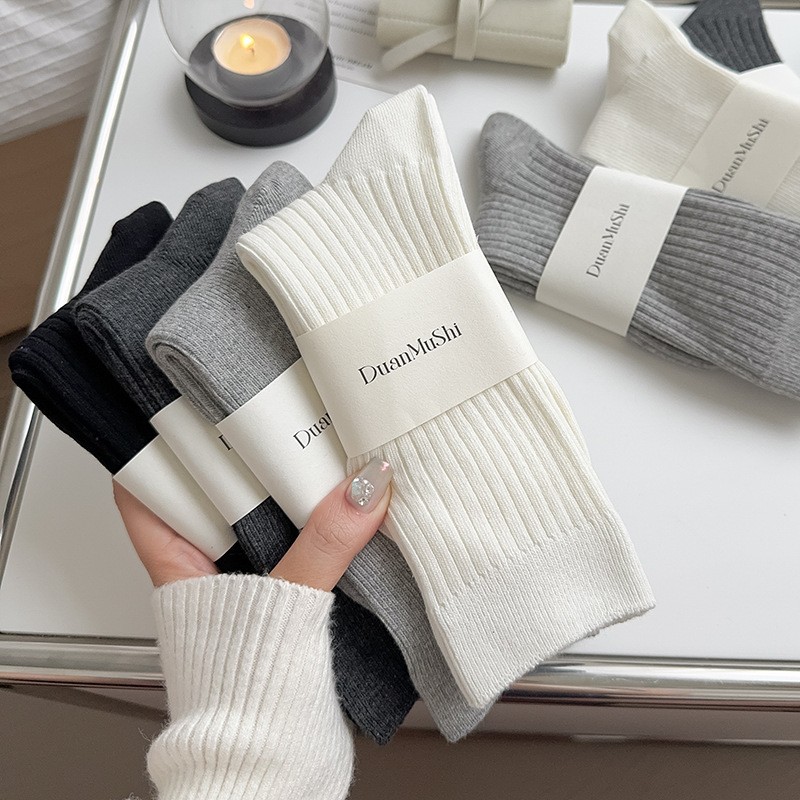 zhuji socks women‘s double needle pure cotton boneless bunching socks autumn and winter solid color sports sweat-absorbent deodorant all cotton mid-calf length socks