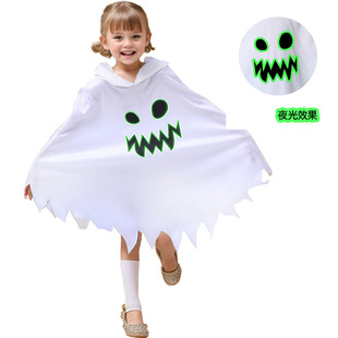 Cross Border Hot Halloween Kids Cloak White Ghost Luminous Hooded Clothes Cos Party Show Dress Up Costume
