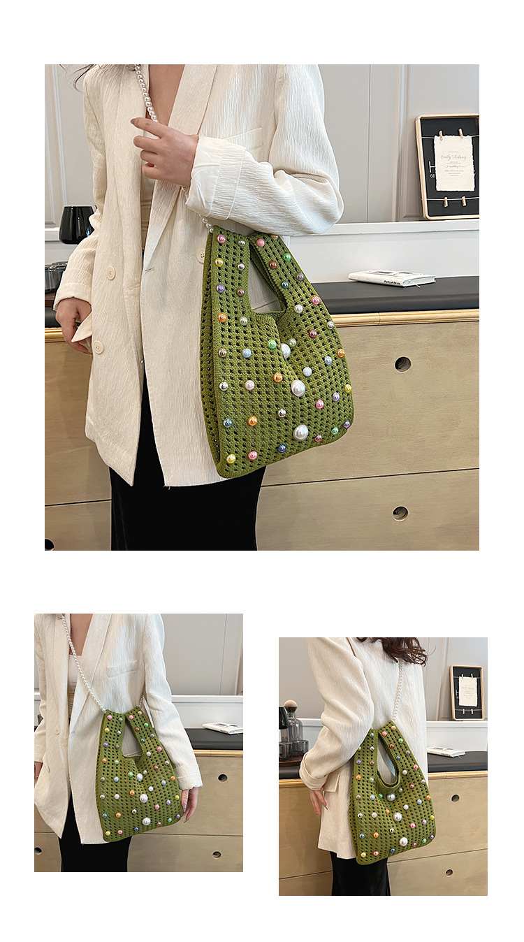 Pearls Fashion Element Women's Medium Knit Solid Color Cute Pearls Open Straw Bag