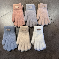 純色のシンプルなファッション女性手袋冬の防寒二重の厚いベルベットはミンクの毛の保温かわいいニット手袋に似せている