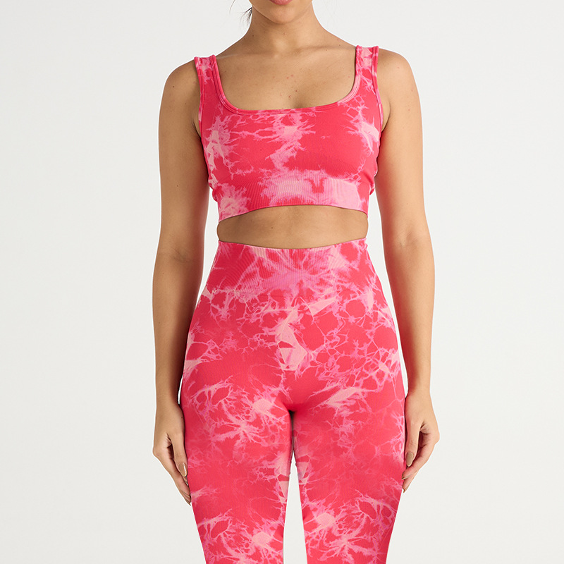 Nuevo traje de yoga de secado rápido de cadera deportivo de cintura alta sin costuras europeo y americano de tres piezas pantalones de yoga de teñido ajustado para mujer