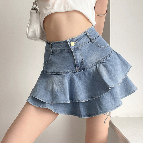 Jeans mini skirt for girls hight waist metal buckle pleated skirt layer of ruffles lining bag hip skirt for women