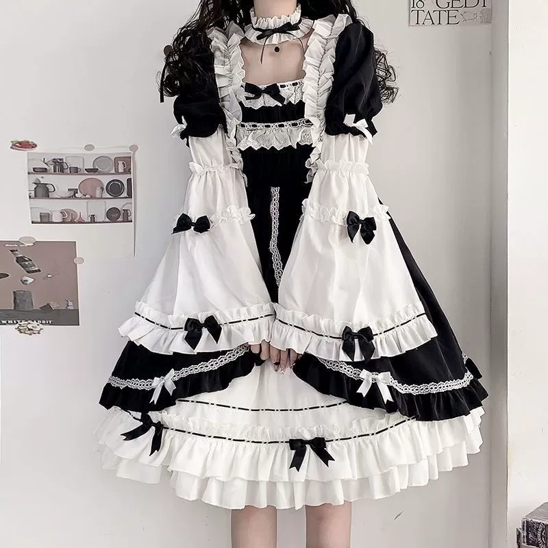 Съёмное платье Lolita OP (женское) — чёрно‑белый комплект с юбкой и украшением для волос, размеры S–XL