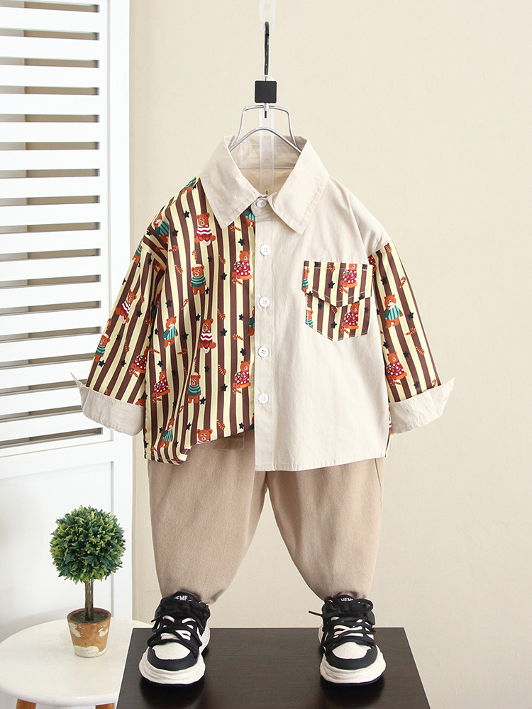 5934 Traje de otoño para niños 2025 Camisa de manga larga de primavera y otoño para niños de nuevo estilo Camisa coreana de dos piezas