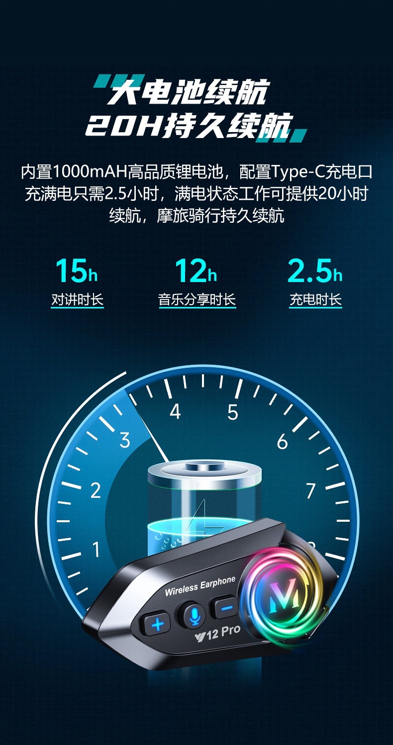 Y12Pro Helmet Bluetooth Headset Waterproof Noise-Cancelling Cross-Border Hot-Selling Motorcycle Headset Helmet Headset Manufacturer