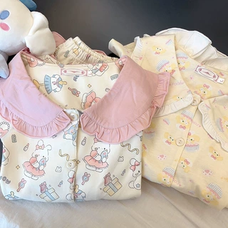 甜美满印粉色小兔子睡衣女夏季娃娃领短袖短裤套装学生宿舍家居服