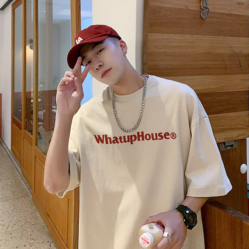 Cross-border Instagram short-sleeved t-shirt for men, Hong Kong-style printed crew neck t-shirt, Hong Kong-style simple and versatile trendy brand five-quarter upper garment