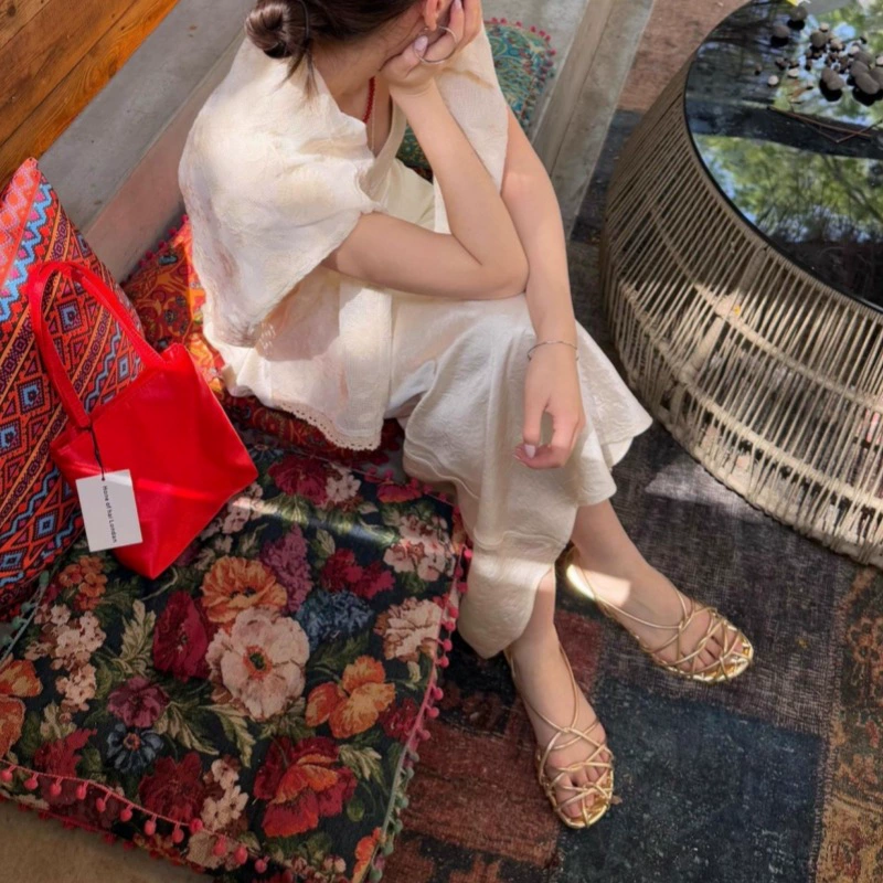 Retro woven summer universal sandals, french style, thin strap