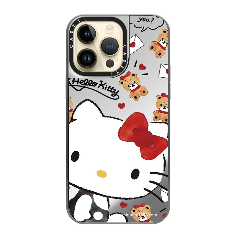 C家オリジナルKT猫コレクション電気メッキシルバーフレーム、Apple iPhone17ProMax、15、鏡面13対応スマホケース|undefined