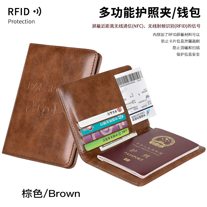 Bolsa de pasaporte de piel transfronteriza, bolsa de pasaporte de piel de vaca, bolsa de tarjeta multiplazamiento de gran capacidad, bolsa de tarjeta RFID anti-robo