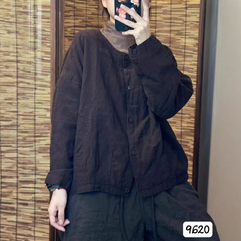 CO2025秋韩版宽松文艺复古简约亚麻加里衬休闲外套百搭上衣女9620|undefined
