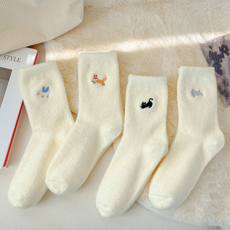 Socks winter women's warm heat storage fleece-lined thick home cute tube socks long plush embroidery furry