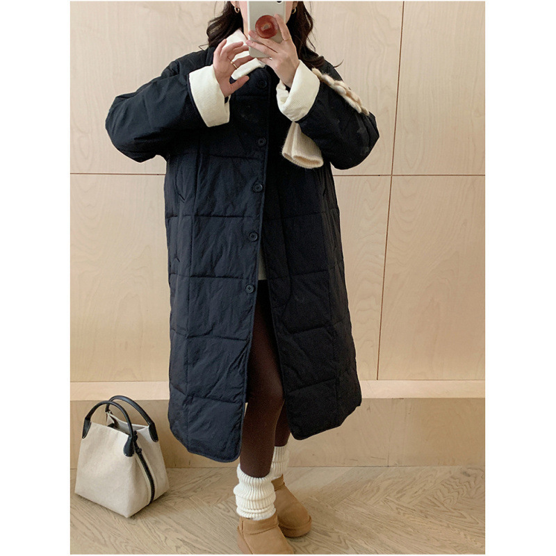 羽绒棉服女中长款过膝冬新款韩版轻薄寸衫领宽松显瘦棉服外套|undefined