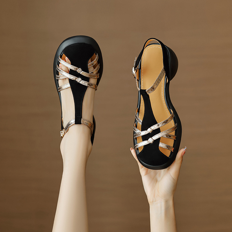 Sandal nữ da lộn quai mảnh dệt, mũi kín khóa chữ T, gót cao đế dày — Màu đen