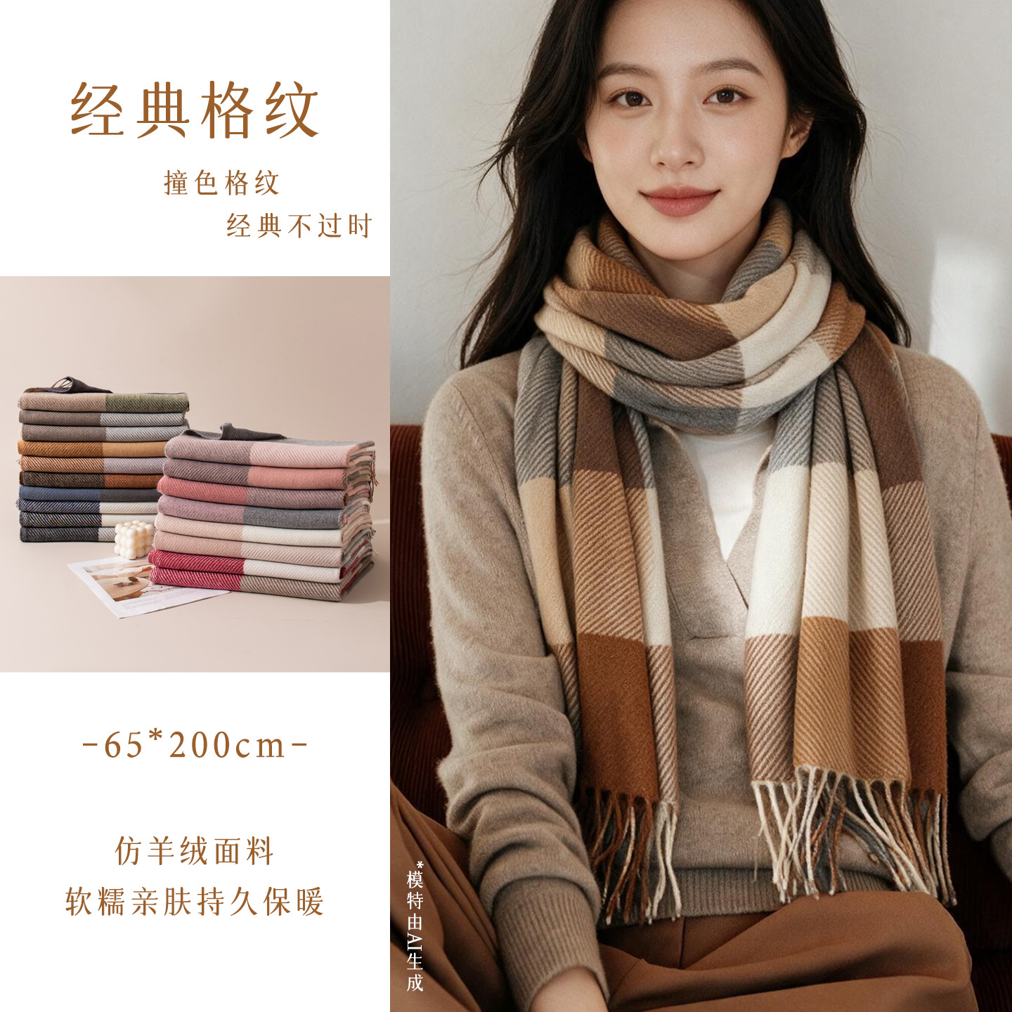 New winter plaid scarf with printed tassels, faux cashmere scarf, fashionable and sweet shawl, medium-length, thick and warm neck warmer