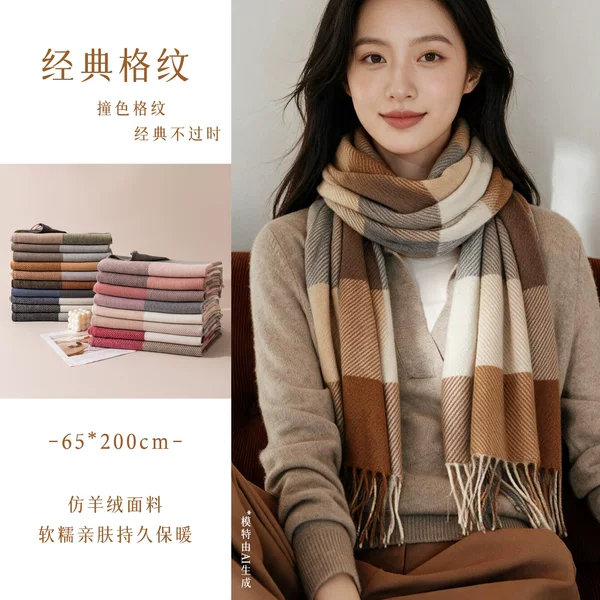 New winter plaid scarf with printed tassels, faux cashmere scarf, fashionable and sweet shawl, medium-length, thick and warm neck warmer