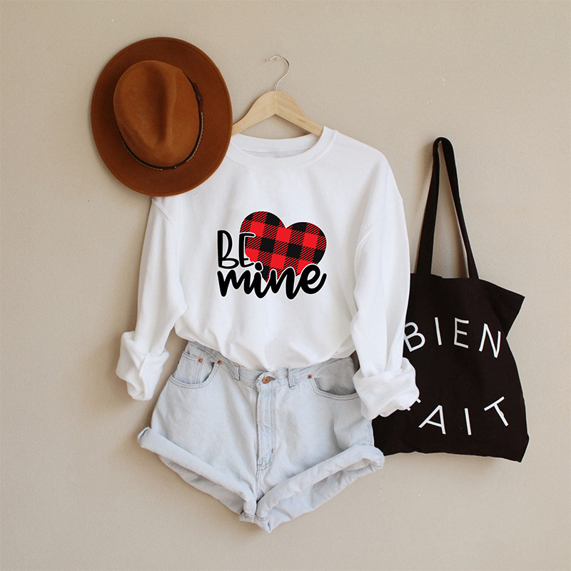 Felpa con cappuccio a maniche lunghe con scollo tondo da donna autunnale Be Mine, top stampato casual versatile_voghion.com