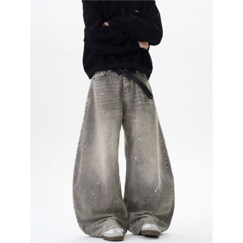Design sense retro washed vintage gray splashed ink cowboy jeans men's and women's trendy American street style loose pants
