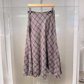 2025冬季新款女装复古格纹高腰显瘦A字毛呢半身裙中长裙5GA341671