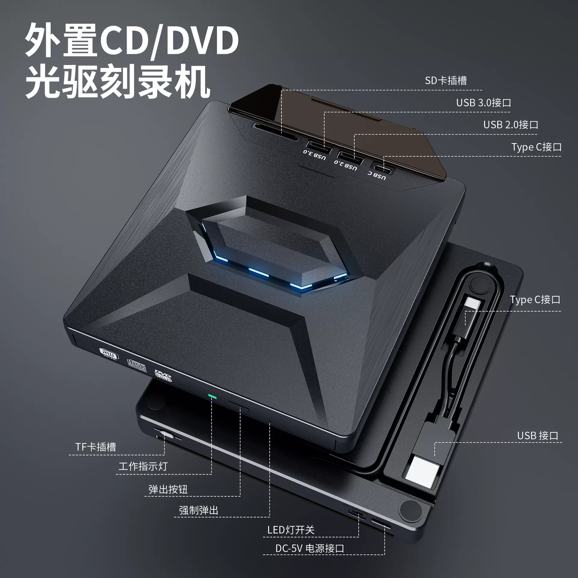 薄款9.5mm外置多功能DVD刻录光驱七合一多功能接口扩展光驱