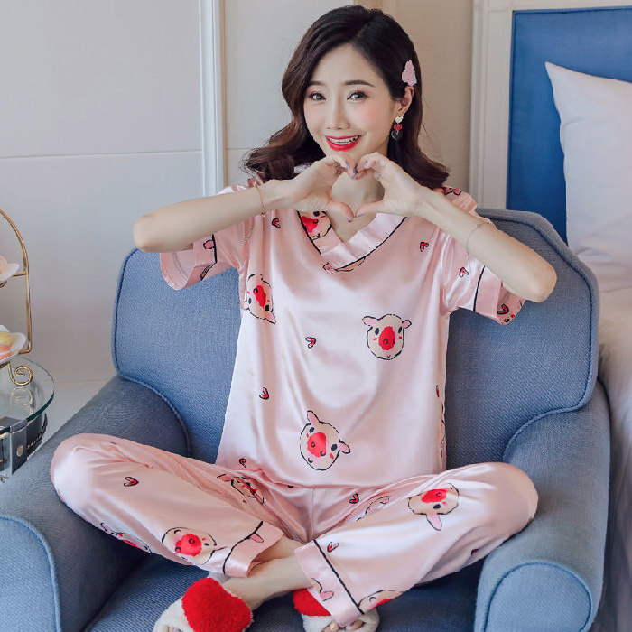 Pijama de seda de hielo para mujeres primavera y otoño corto y largo delgado dulce estilo coreano ropa de seda real dos piezas conjunto