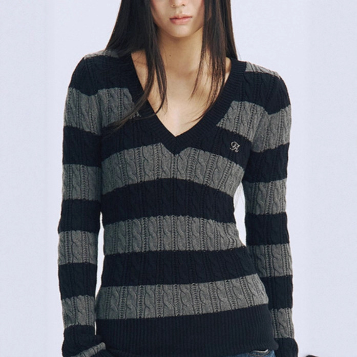 Archium Retro V Neck Twist Stripesd Lazy Sweater Women's Autumn Loose Couple Knitted Sweater Trendy