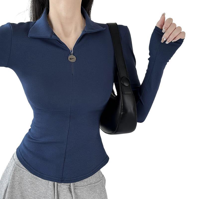 黑色长袖t恤女2025新款秋季修身显瘦翻领美式辣妹上衣内搭打底衫|undefined