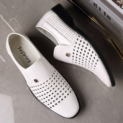 2024 New Summer Sandals Men's Hollow Leather Shoes Inner Height Increased Casual Business Formal Crocs Middle-aged and Elderly Shoes