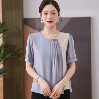 妈妈女装时尚拼色冰丝T恤衫2025新款夏季中老年仿真丝上衣服小衫
