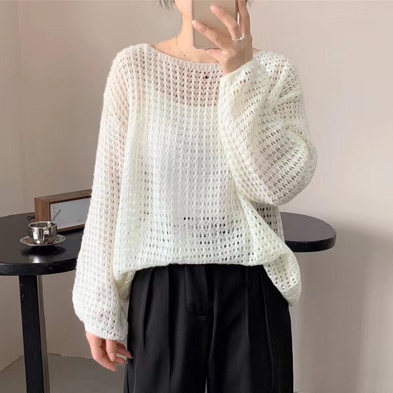 Korean Style Loose Hollow Knitted Cardigan for Women in Spring and Summer, Lazy Style See-Through Long-Sleeved Light Sun Protection Top, Fashionable Layering