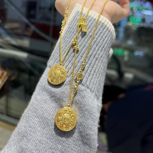 18K Gold Necklace Gold Shop Hollow Lotus Fortune Eight Treasure Compasses Filament Round Brand Pendant Woolen Chain Guofeng