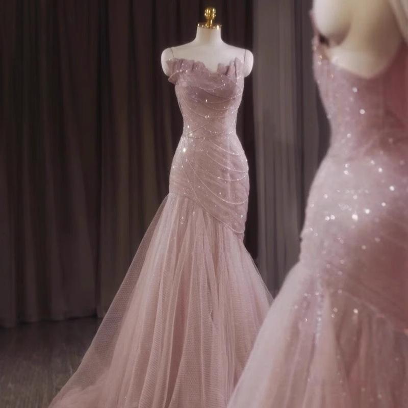 French Evening Dress Women's Fishtail Trailing Light Luxury Pink Sling Fairy Host Long Adult Ceremony Engagement Dress